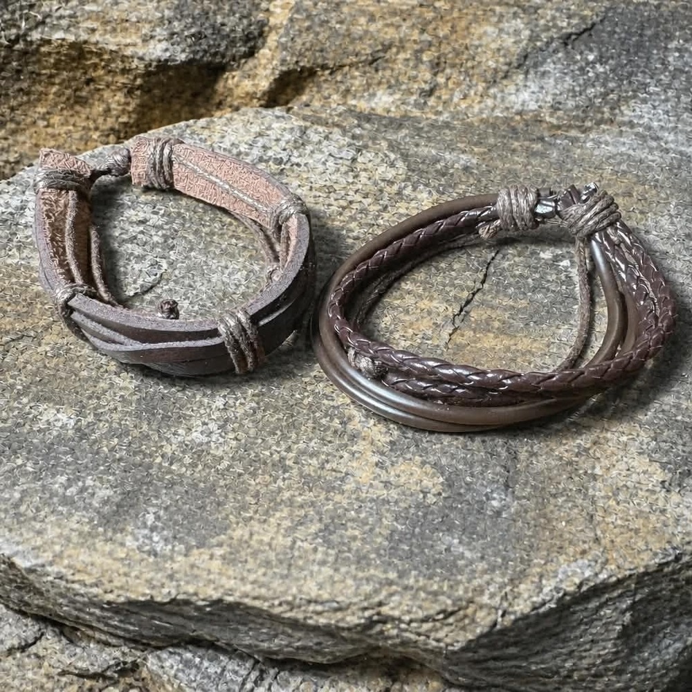 2Pcs Brown Multi Strand Leather Cord Couples Friendship Bracelets Set Gift NEW